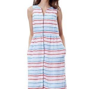 JOULES dress coastal Red & Blue Stripe Lisia Gathered-Waist Midi Dress